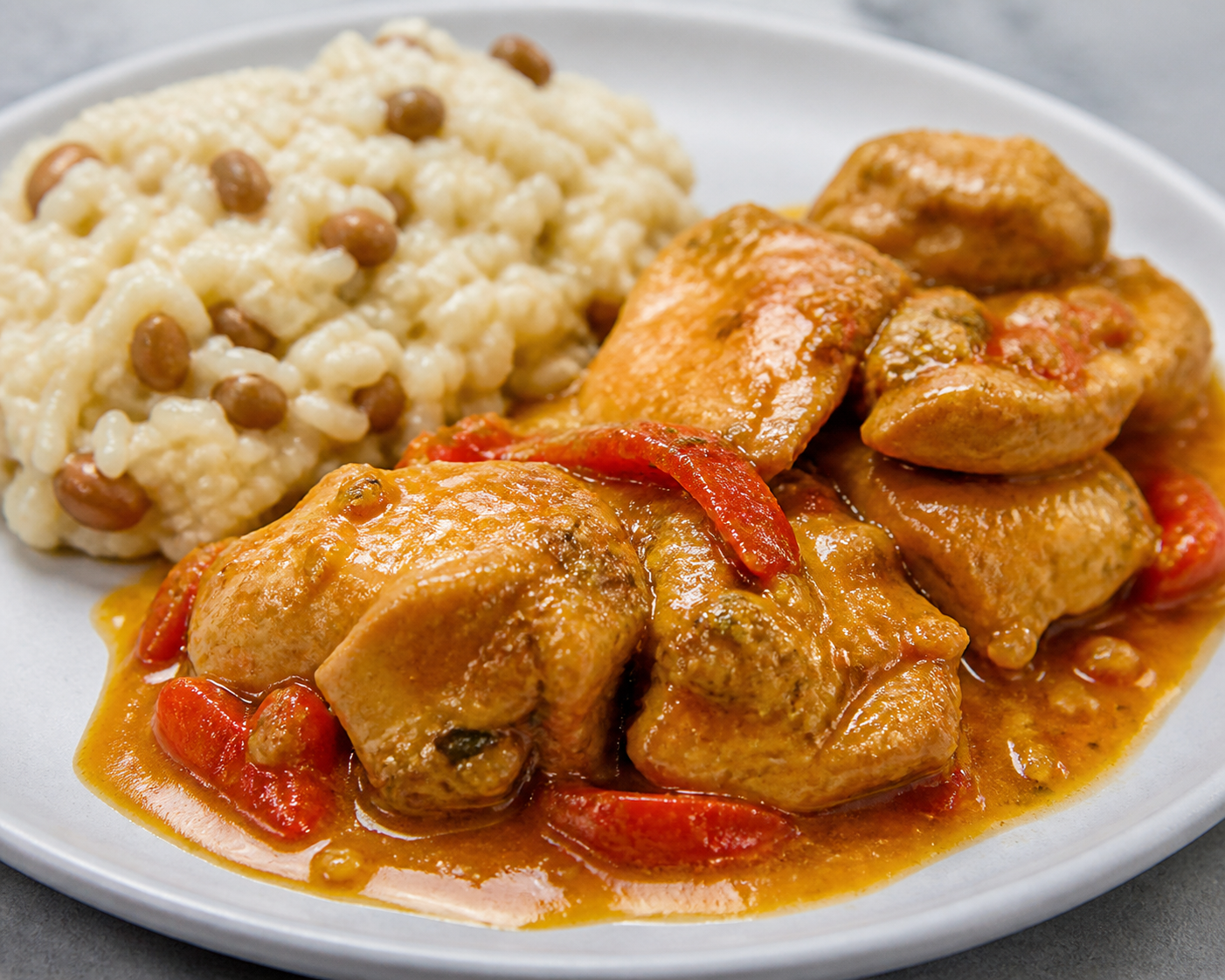 Puerto Rican Chicken Thighs in Acerola and Sweet Pepper Sauce with Creamy Pigeon Pea Rice