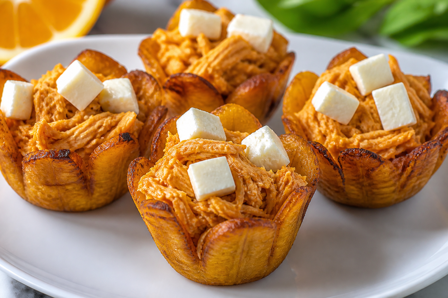 Sweet Plantain Baskets with Orange-Sofrito Pulled Chicken and Fresh Cheese