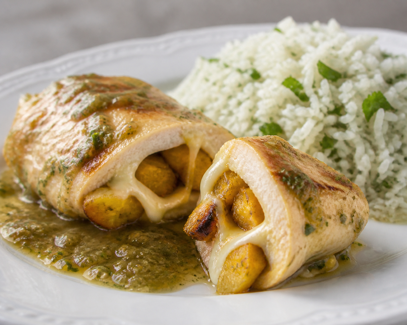 Pechuga de Pollo Boricua Rellena de Amarillos y Queso en Salsa Suave de Sofrito y Limón con Arroz de Cilantro