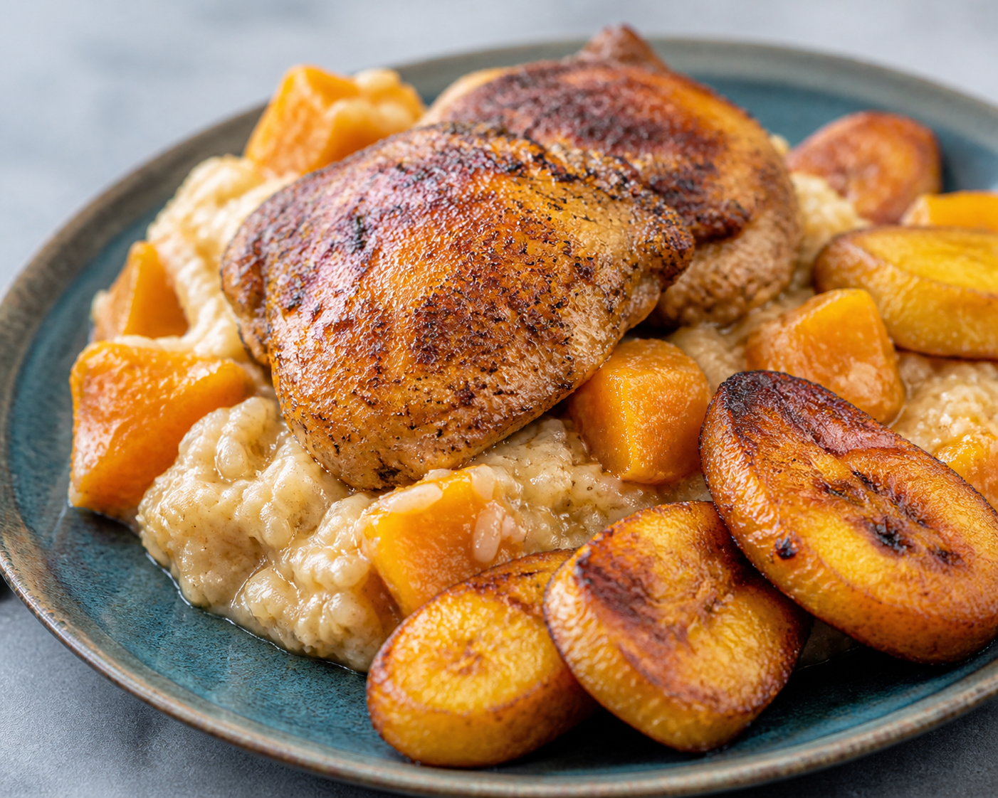 Puerto Rican Creamy Rice with Adobo Chicken, Pumpkin and Crispy Plantain