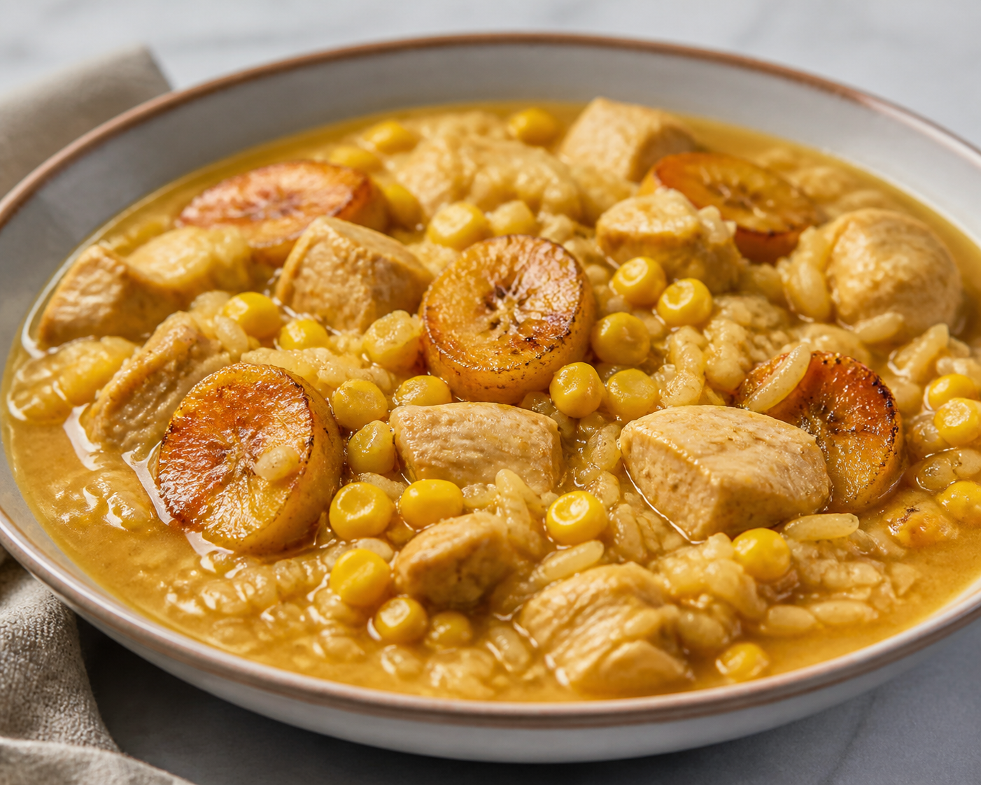 Arroz Caldoso Boricua de Pollo, Maíz y Plátano Maduro