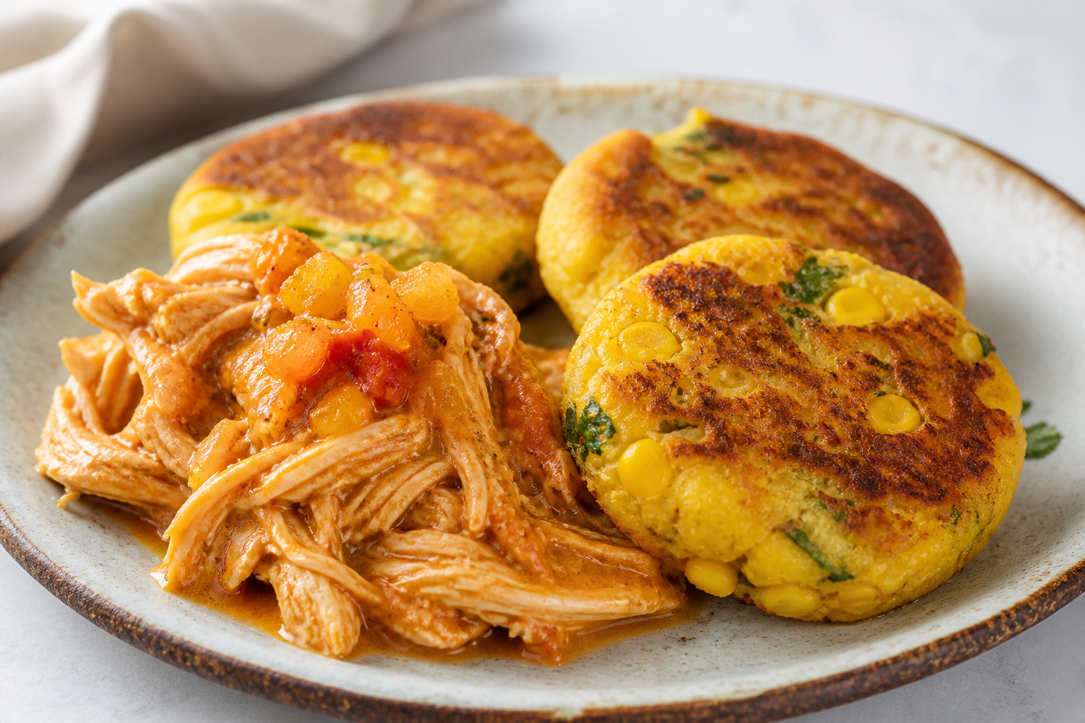 Arepitas de Chócolo y Cilantro con Pollo al Coco y Ají Dulce