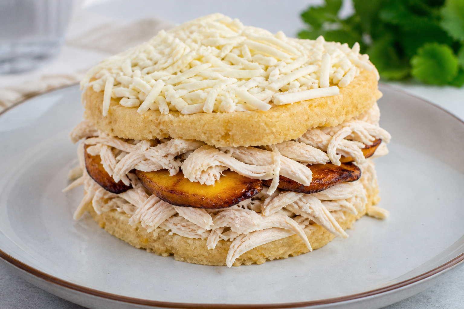 Torta Salada de Arepa con Pollo Mechado, Plátano Maduro y Queso Blanco