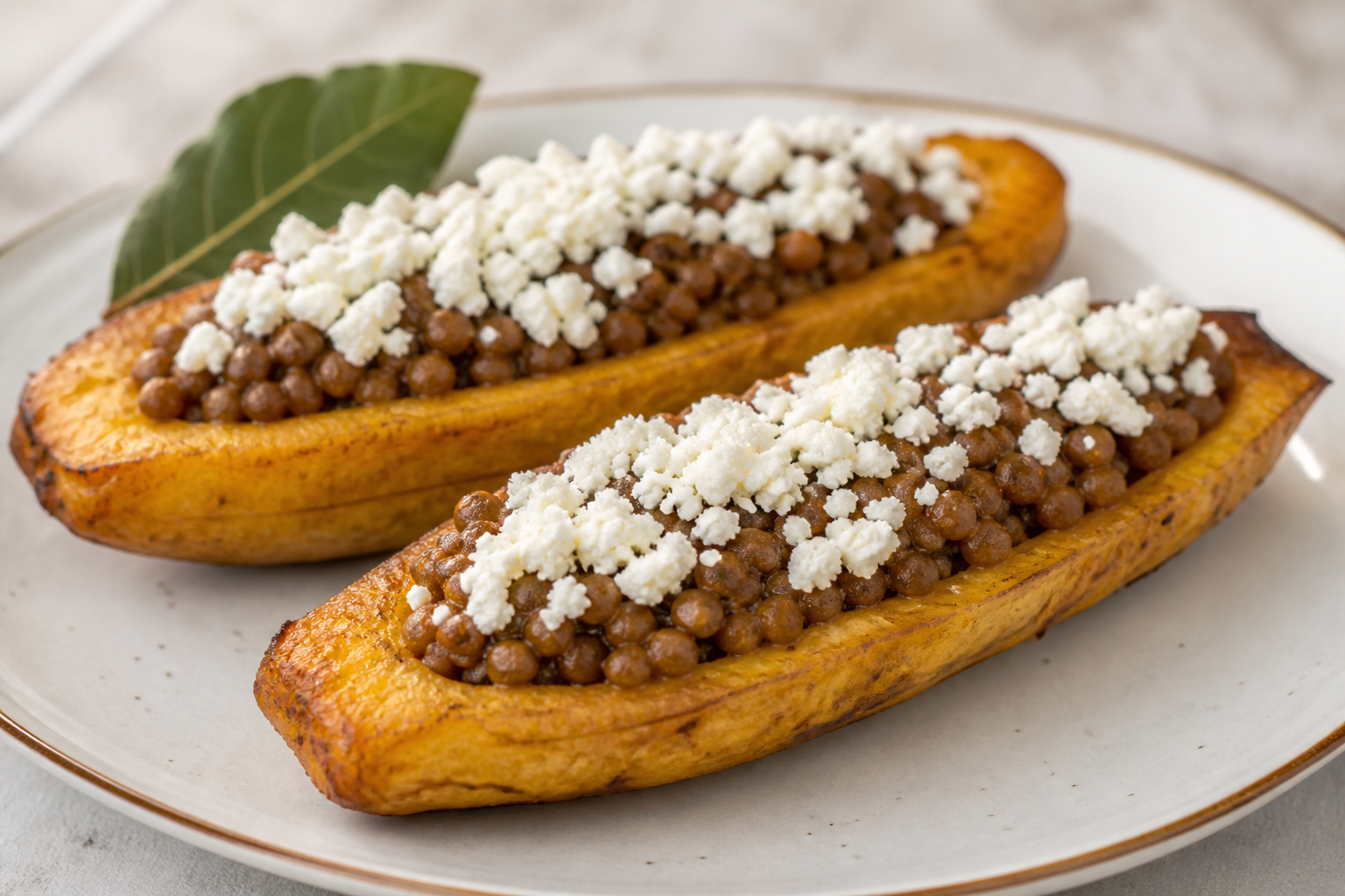 Sweet Plantain Canoes with Lentil Pabellón and White Cheese