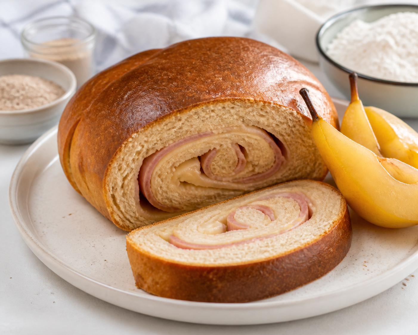 Rolled Ham Bread with Rum Pears and Paisa Cheese
