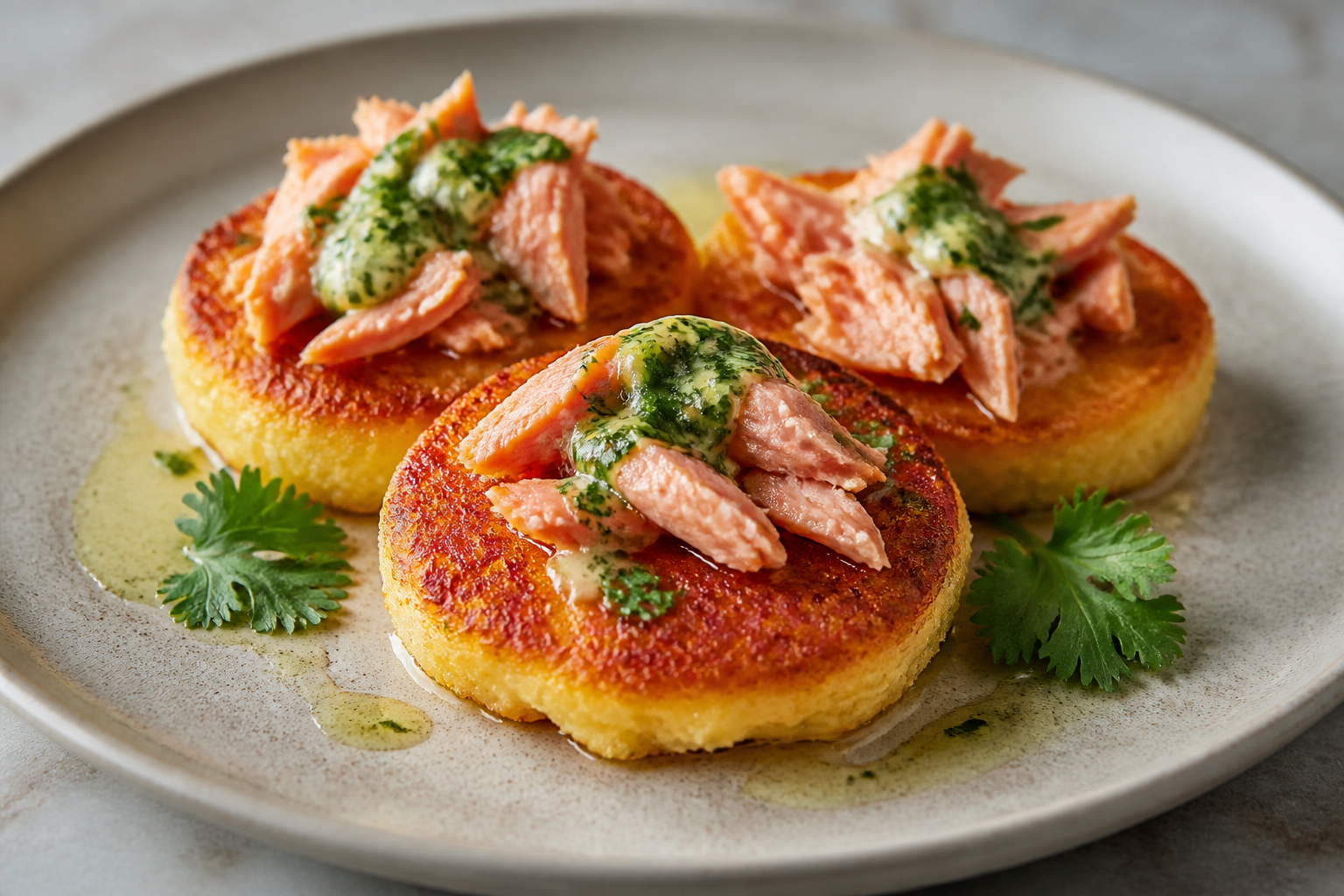 Torticas Andinas de Papa y Maíz con Trucha Mechada y Mantequilla de Cilantro