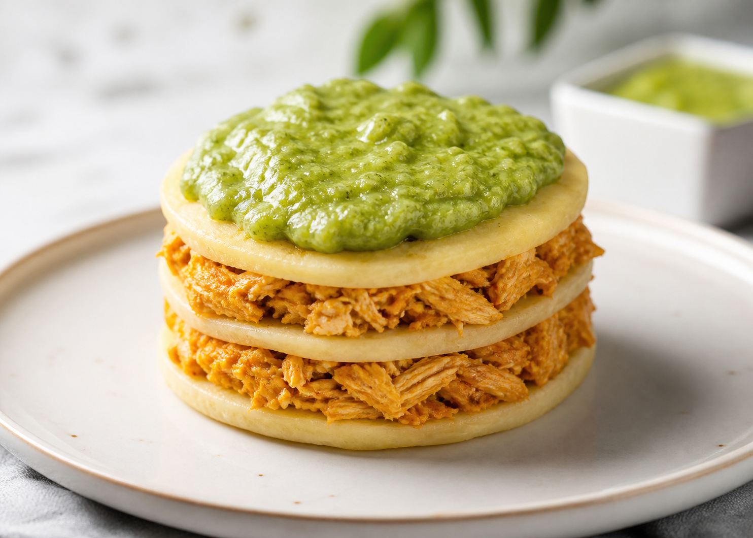 Savory Arepa Layer Cake with Annatto Chicken and Avocado Guasacaca