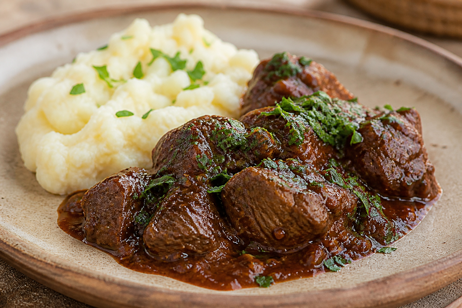 Peruvian Aji Panca Beef Stew with Rustic Yuca Mash and Cilantro Gremolata