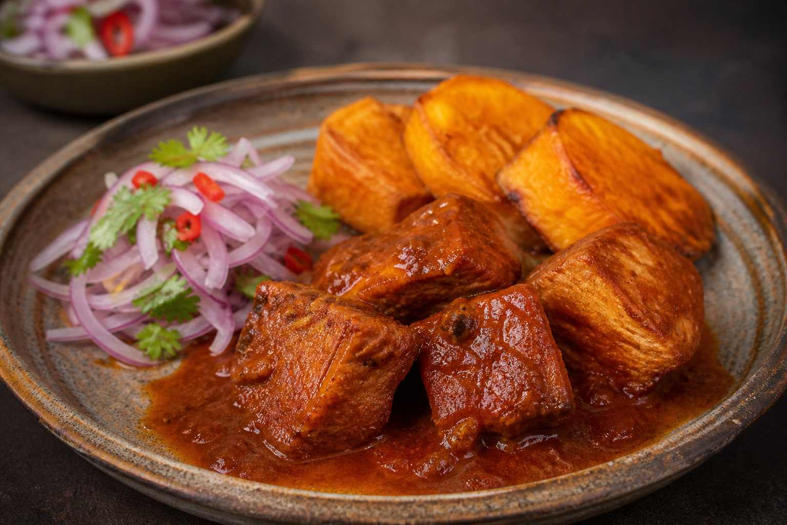 Adobo Peruano de Cerdo con Chicha de Jora, Camote Rostizado y Zarza de Cebolla Morada