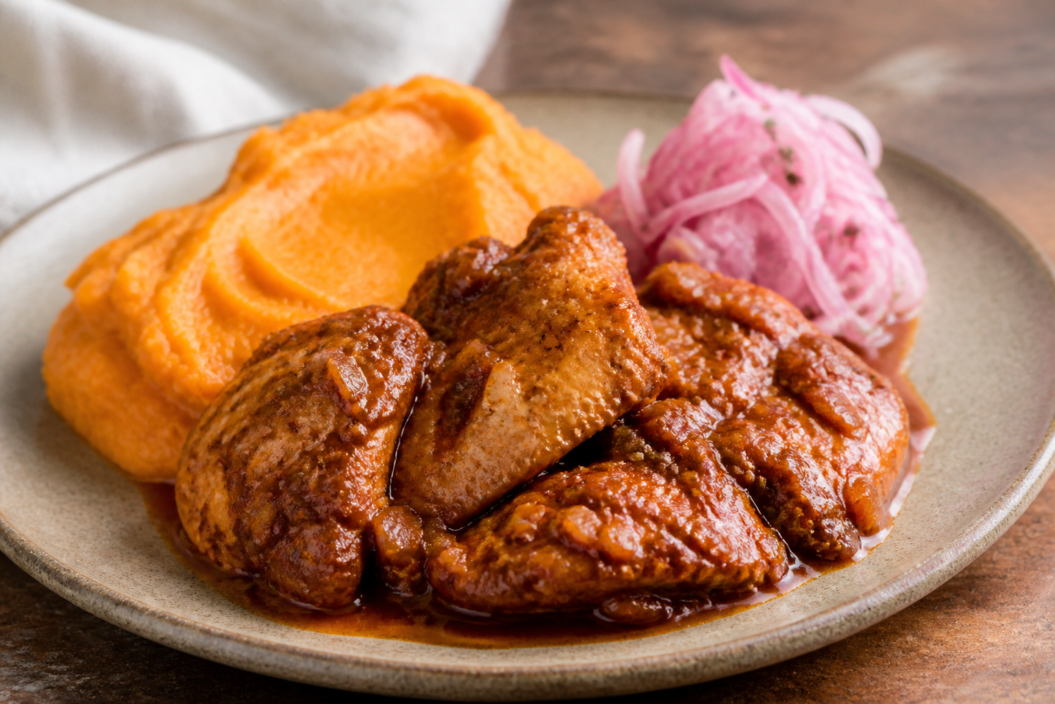 Peruvian Turkey Adobo with Aji Panca, Rustic Sweet Potato Mash, and Pickled Onion