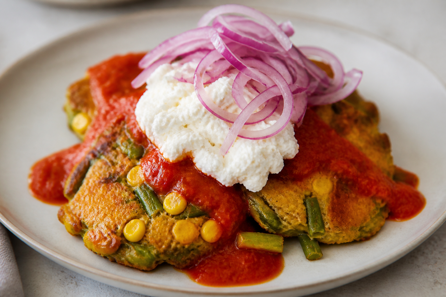 Tortitas salvadoreñas de ejote y maíz con requesón, salsa de tomate asado y curtido suave de cebolla morada