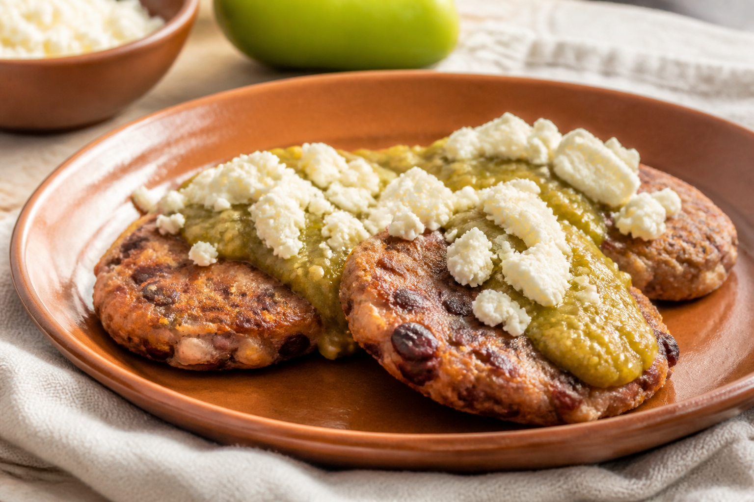 Tortas crujientes de frijol rojo y güisquil con queso fresco y salsa de tomate al chile verde