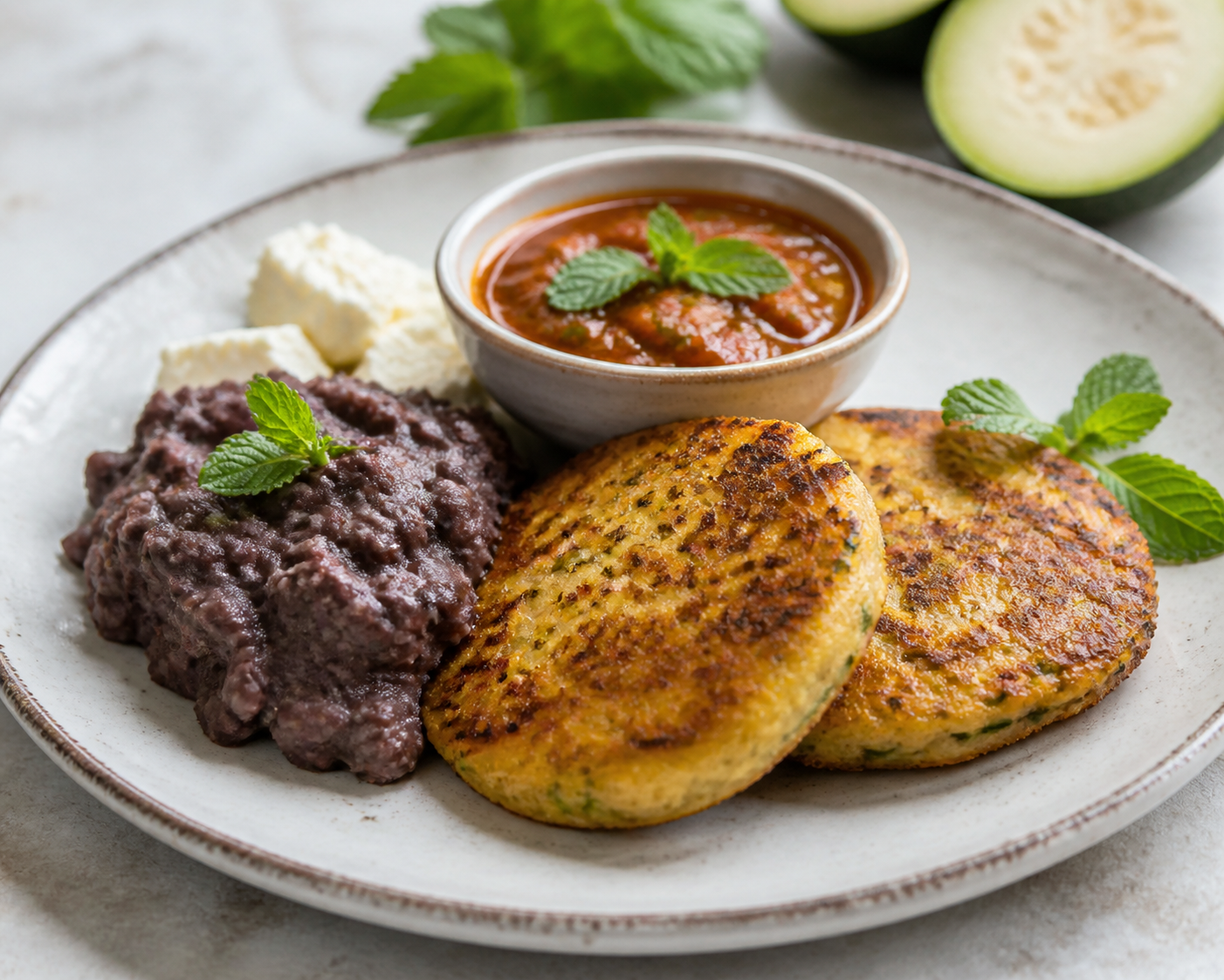 Tortitas salvadoreñas de ayote sazón con frijol rojo machacado y salsa tibia de tomate y hierbabuena