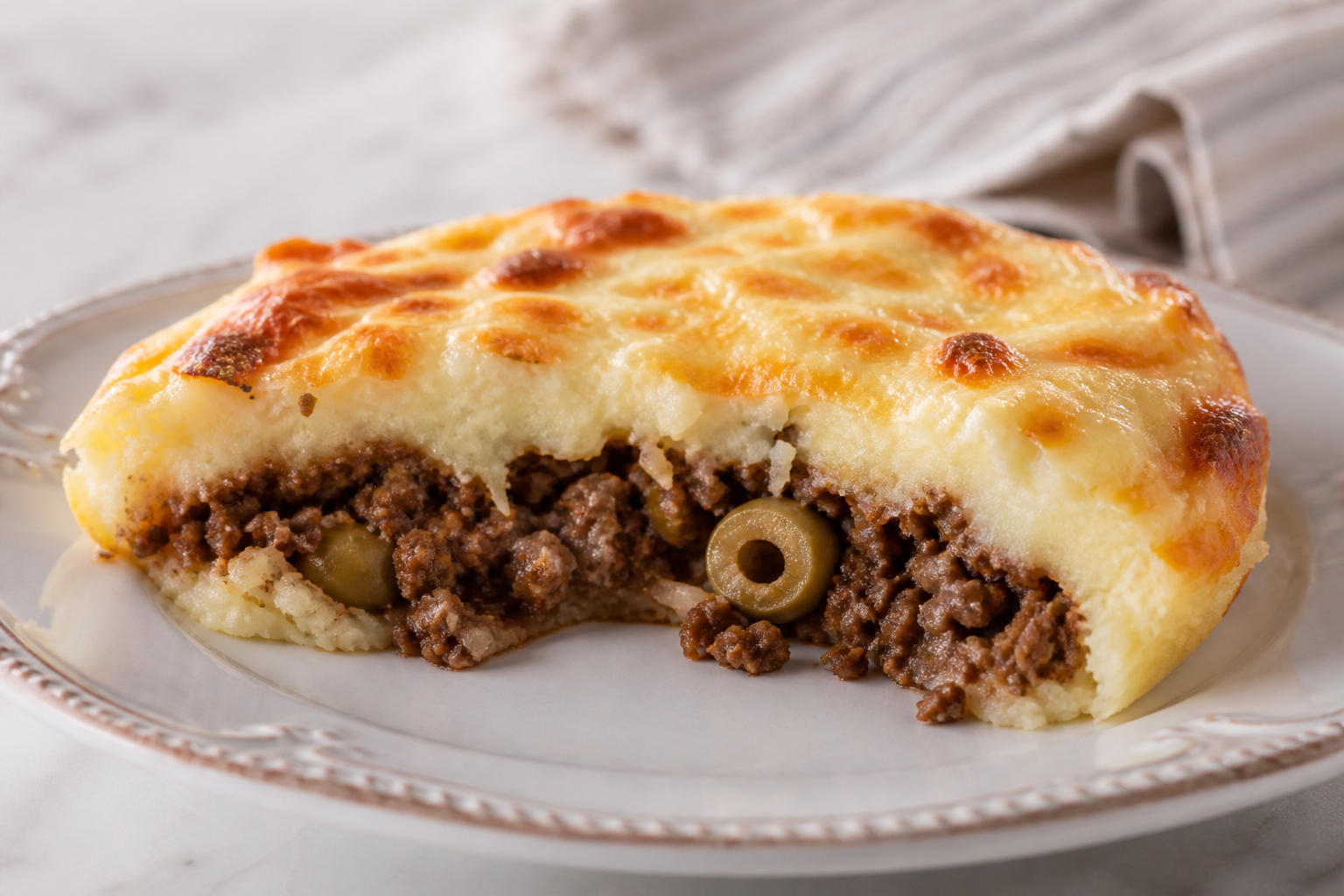 Creole cassava pie with spiced beef, olives, and sardo cheese gratin