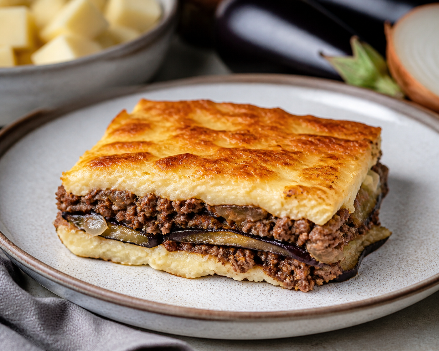 Pastel Criollo de Carne, Berenjena Asada y Mandioca Gratinada