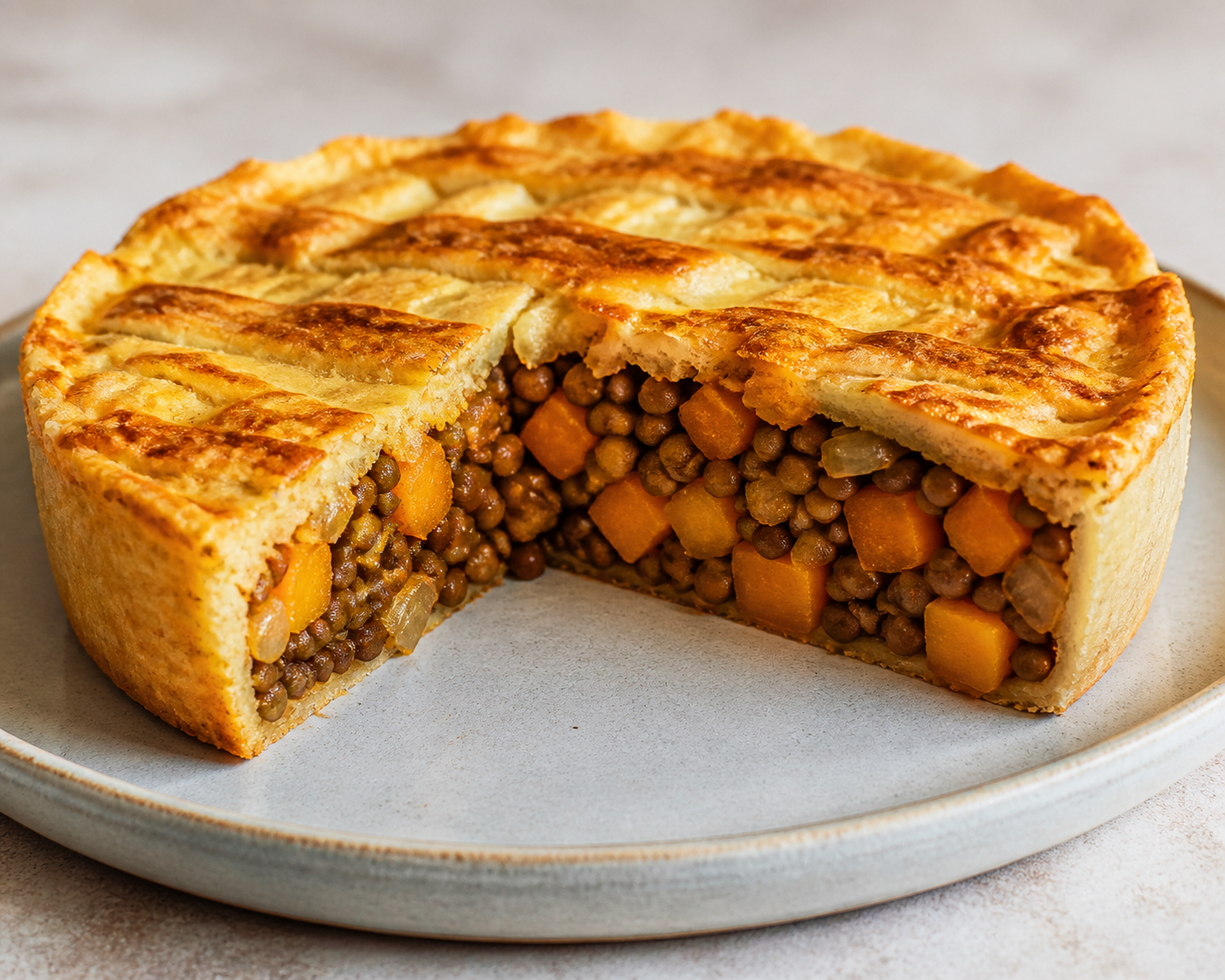 Pastel criollo de lentejas ahumadas, calabaza asada y costra de mandioca dorada