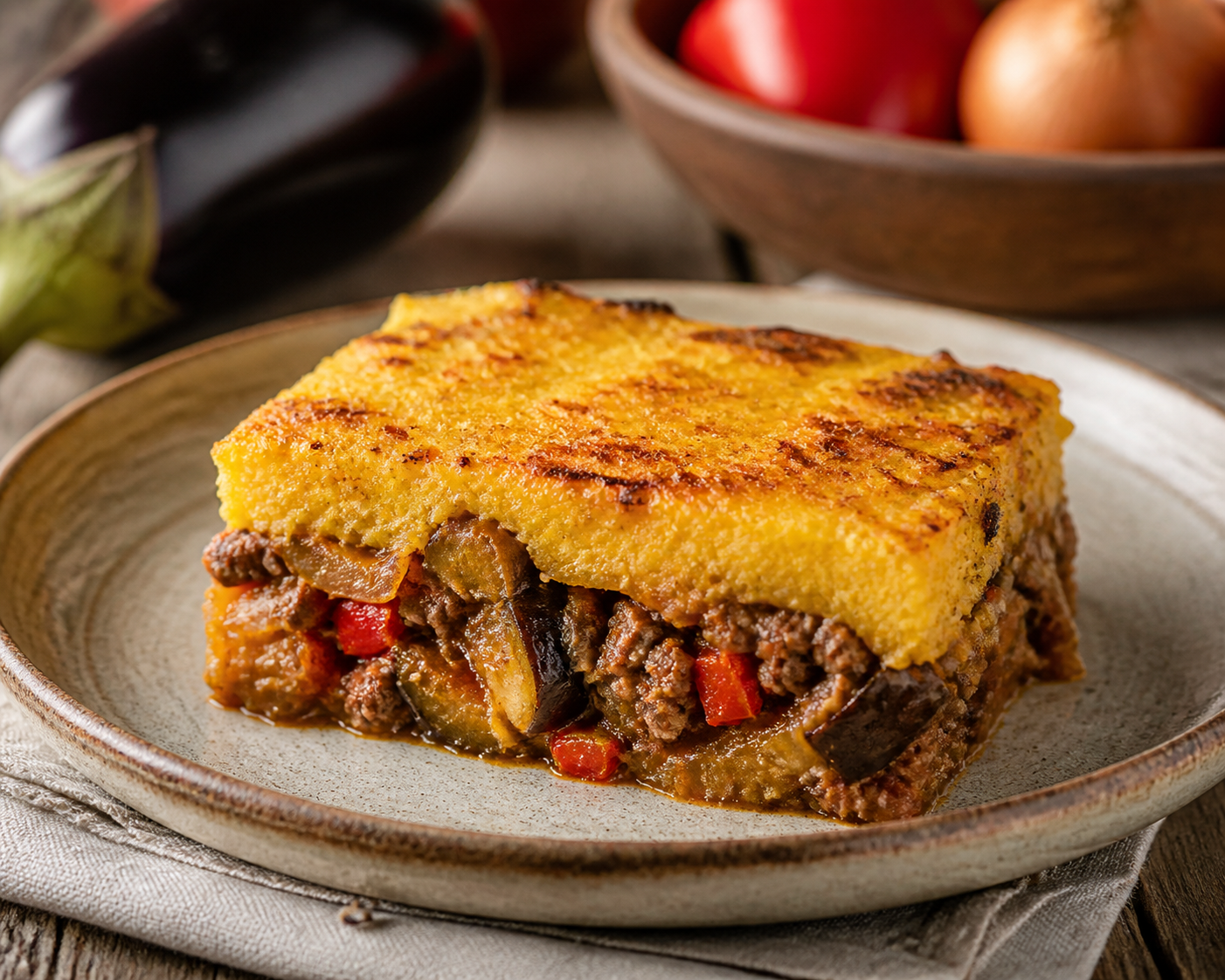 Criollo Pie of Smoked Eggplant, Spiced Beef, and Golden Polenta Topping