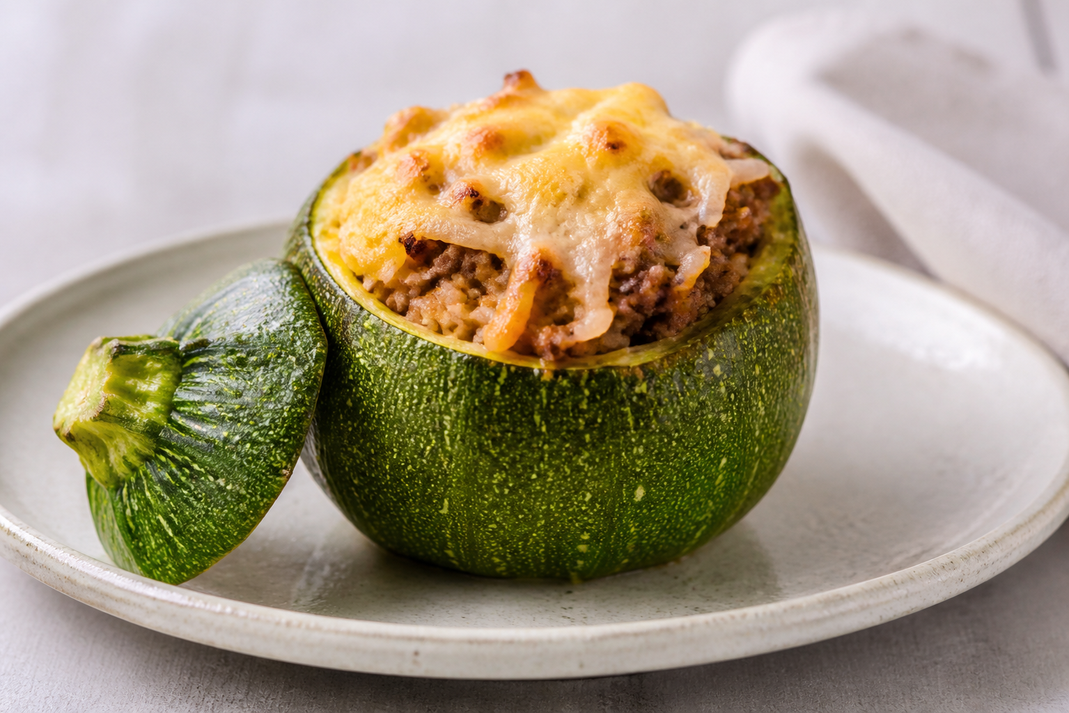 Round Zucchini Stuffed with Paprika Beef, Rice and Sardo Gratin