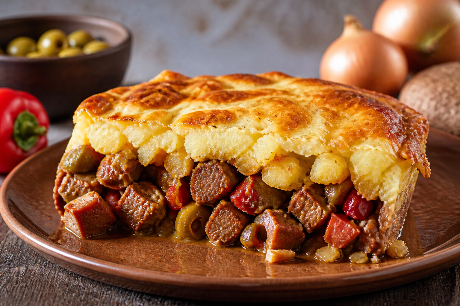 Pastel criollo de mandioca, carne cortada a cuchillo y aceitunas al pimentón