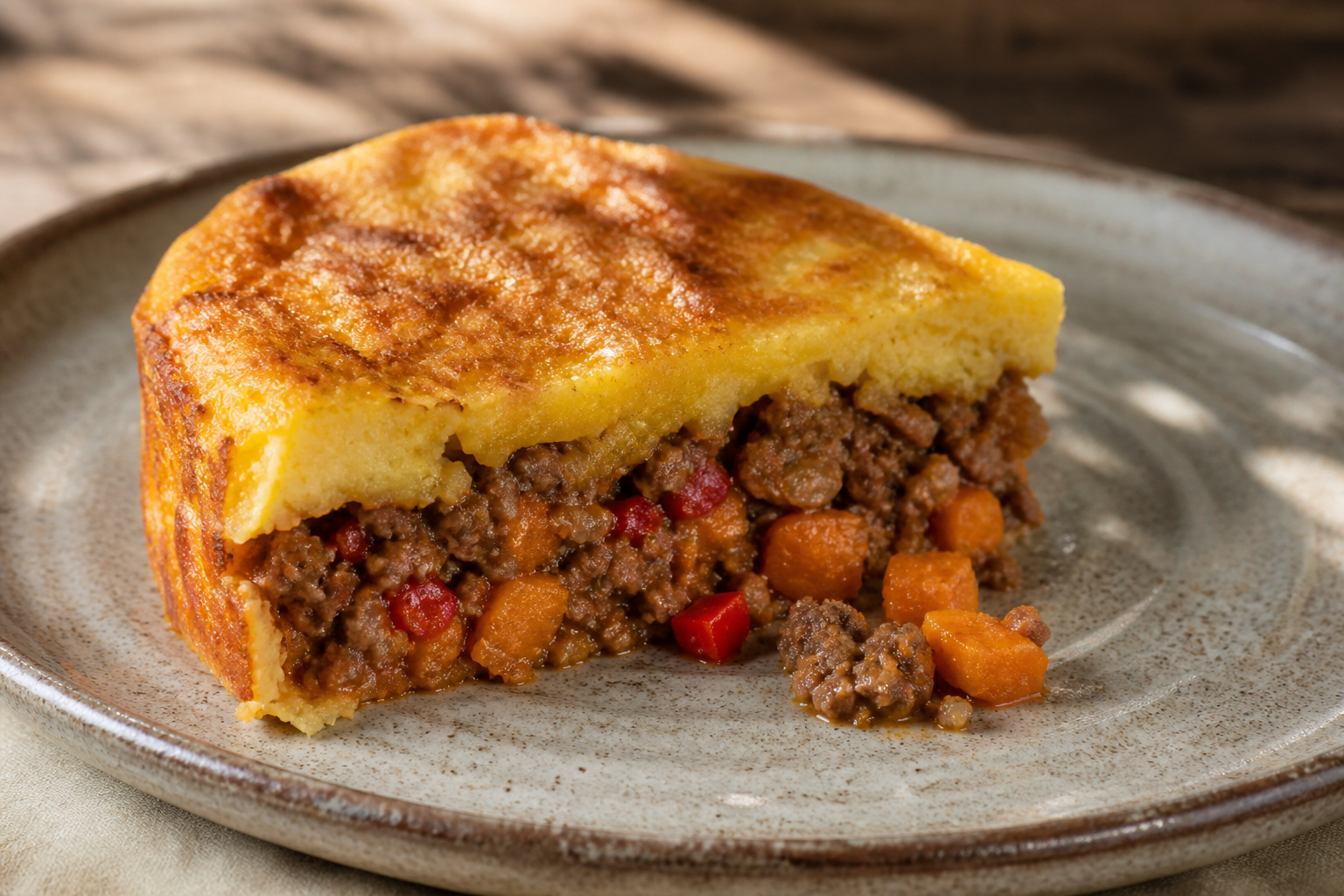 Pastel Criollo de Carne, Calabaza Asada y Costra de Polenta con Queso