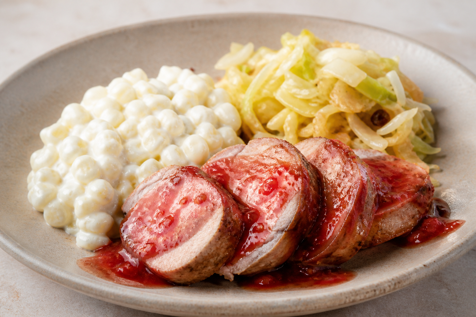 Pork Loin in Tart Guava Sauce with Cheese Hominy and Warm Cabbage Salad