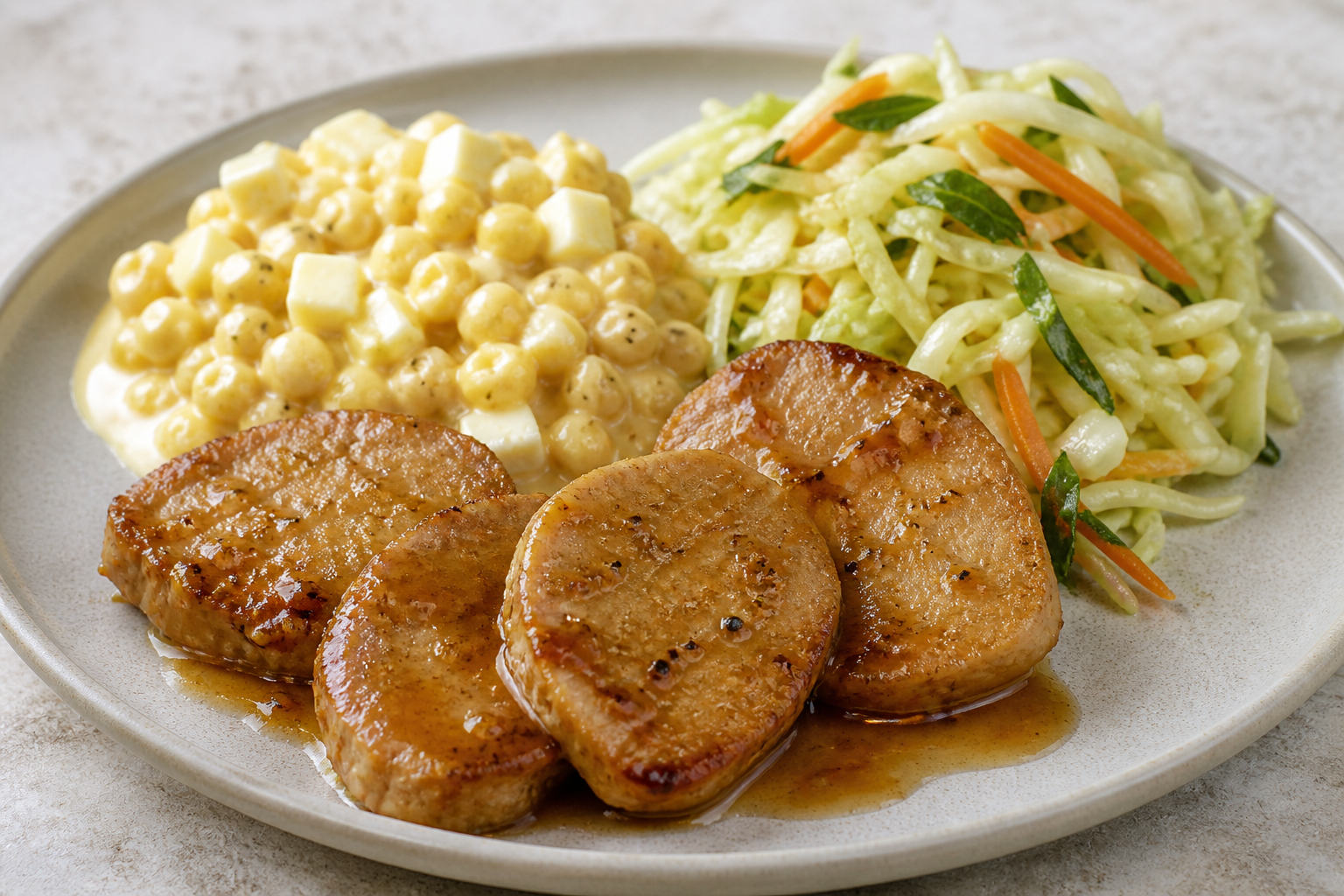 Pork Loin in Pineapple Cane Glaze with Soft Cheese Hominy and Warm Cabbage Salad
