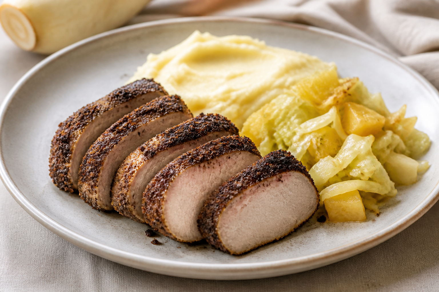 Lomo de Cerdo en Costra de Cacao y Café con Puré de Arracacha y Ensalada Tibia de Repollo y Piña