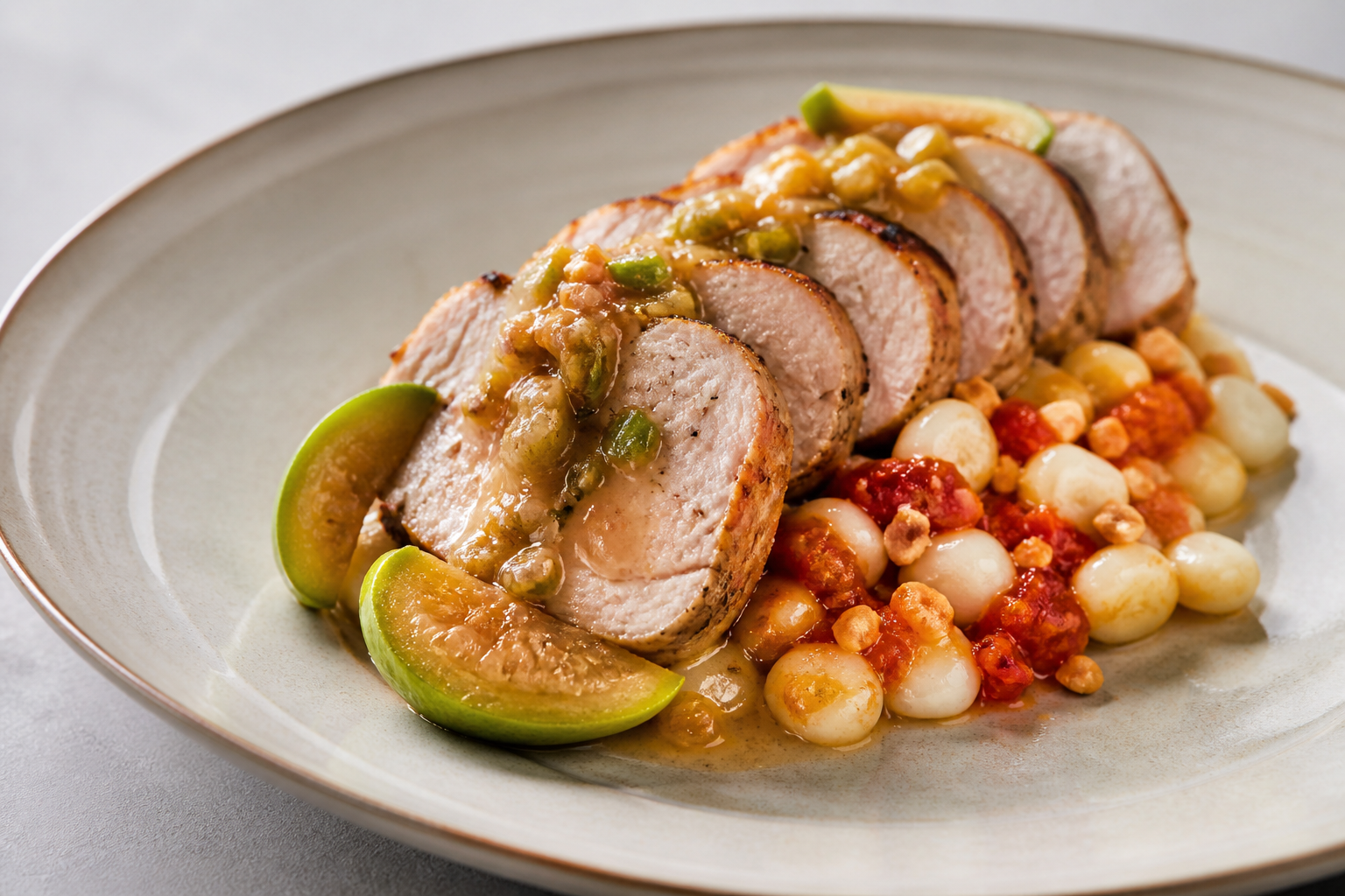 Lomo de Cerdo al Fogón con Salsa de Feijoa y Hogao de Maní sobre Mote de Maíz