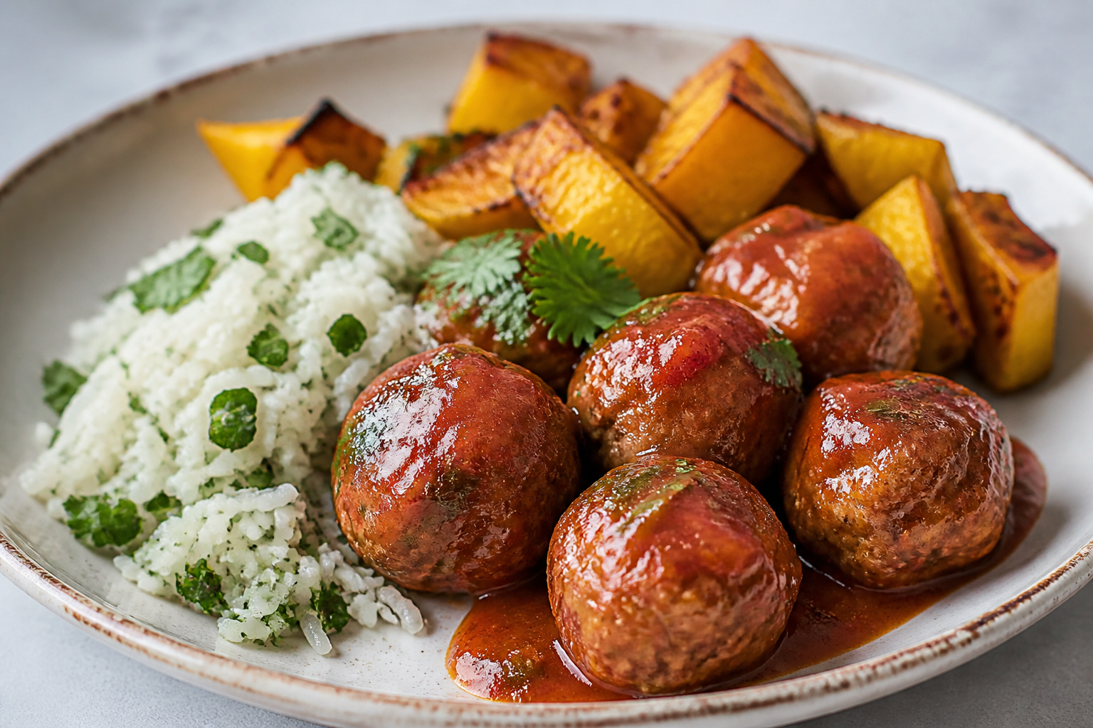 Brazilian Turkey Meatballs with Guava-Chili Sauce, Cilantro Rice, and Roasted Squash