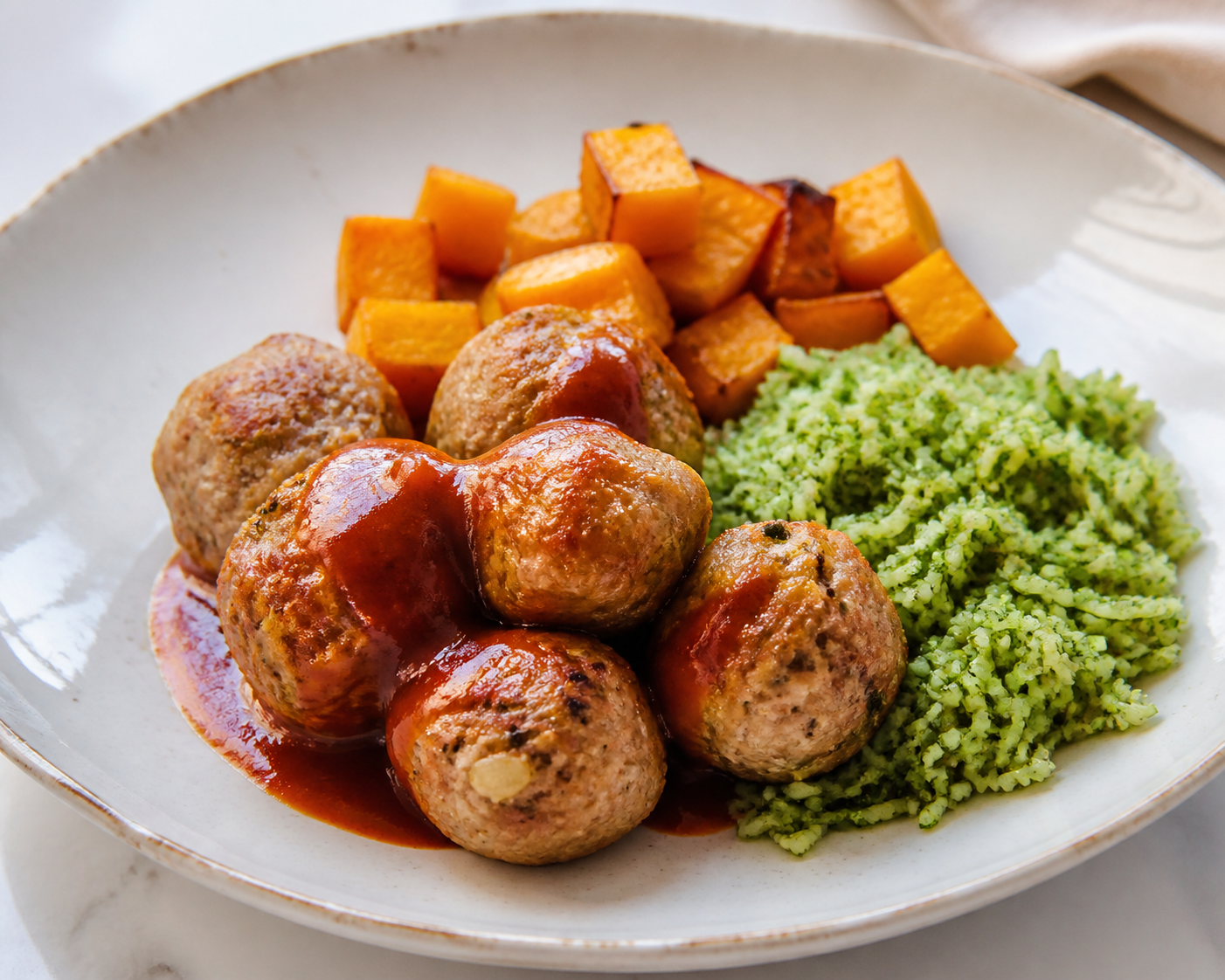 Brazilian Turkey Meatballs with Roasted Squash, Guava Sauce, and Green Rice