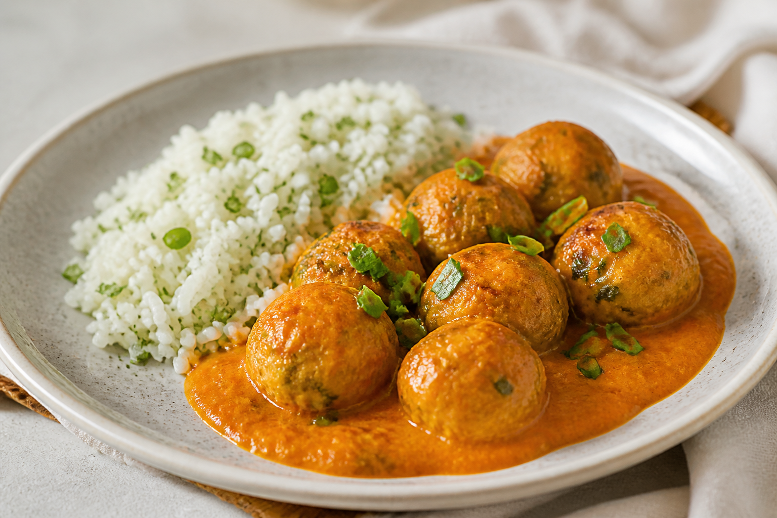 Albóndigas Brasileñas de Pavo y Calabaza en Salsa de Pimiento Rojo y Coco con Arroz de Lima