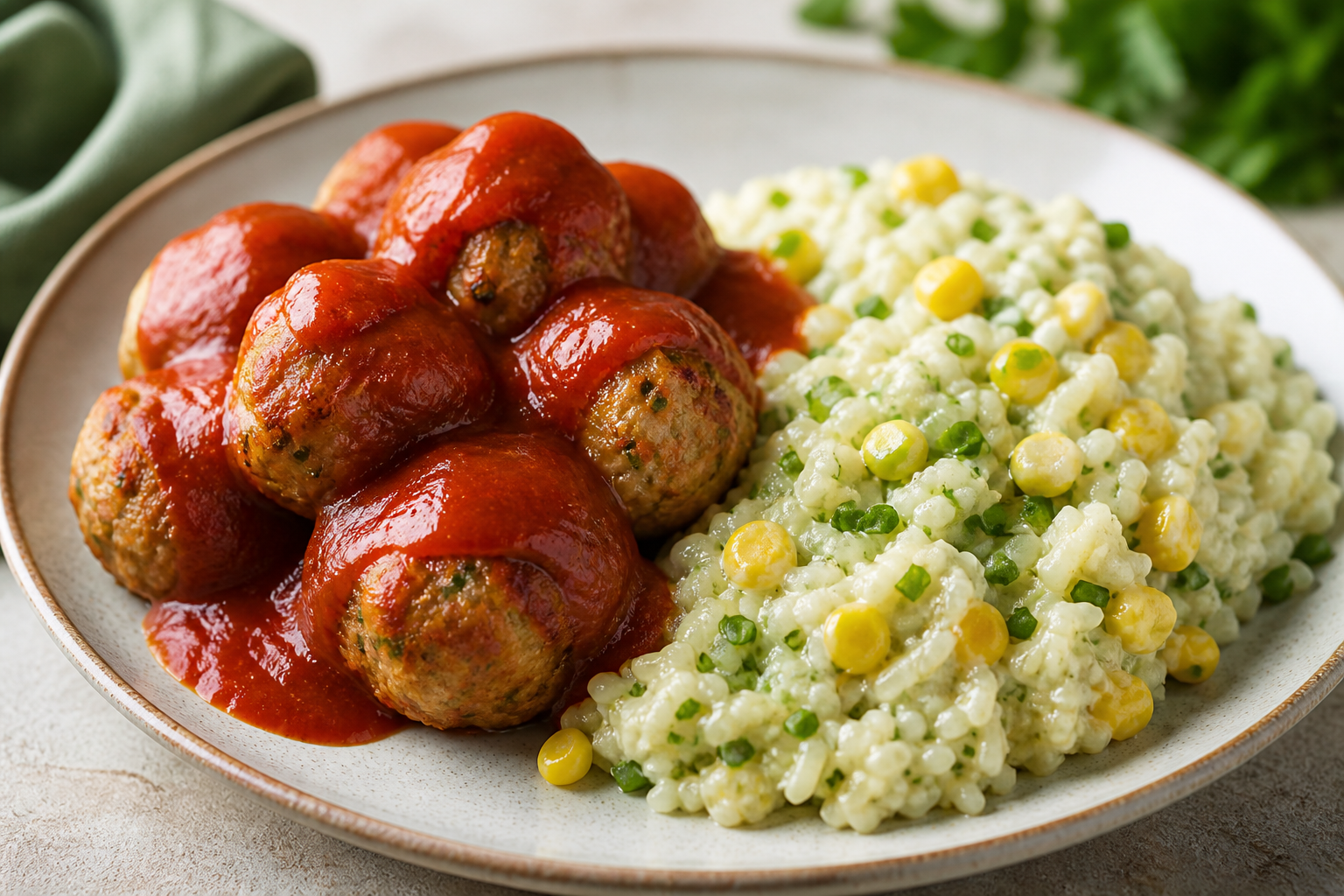 Brazilian Turkey Meatballs with Smoky Guava Sauce and Creamy Green Corn Rice