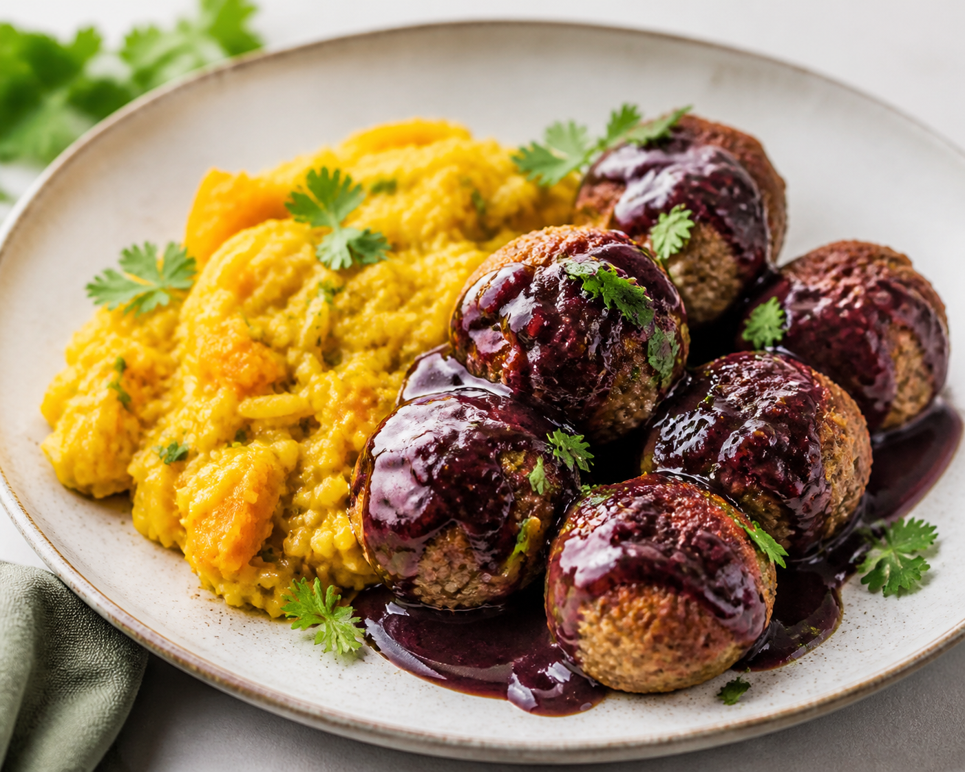 Brazilian Turkey Meatballs with Spiced Açaí Sauce and Creamy Pumpkin Rice