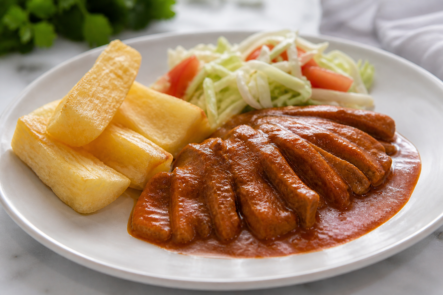 Honduran Beef in Coyol and Annatto Sauce with Golden Yuca and Cabbage Salad