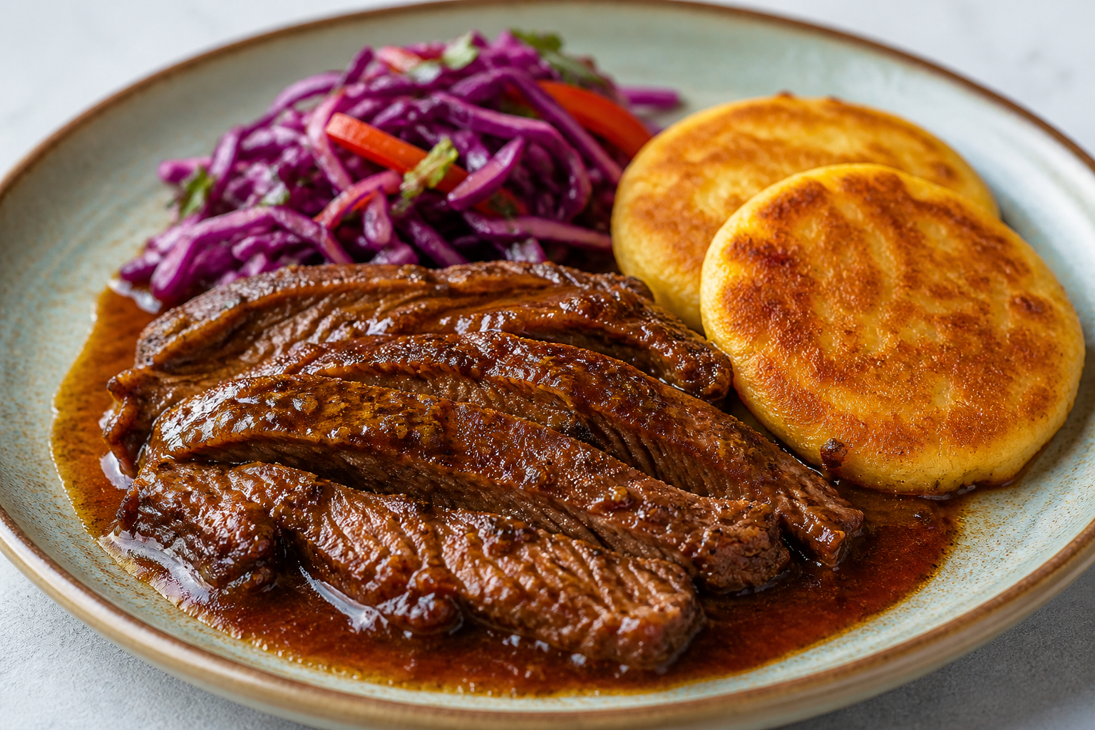 Res Catracha en Salsa de Chile Pasa y Naranja Agria con Tortitas de Yuca y Ensalada de Repollo Morado