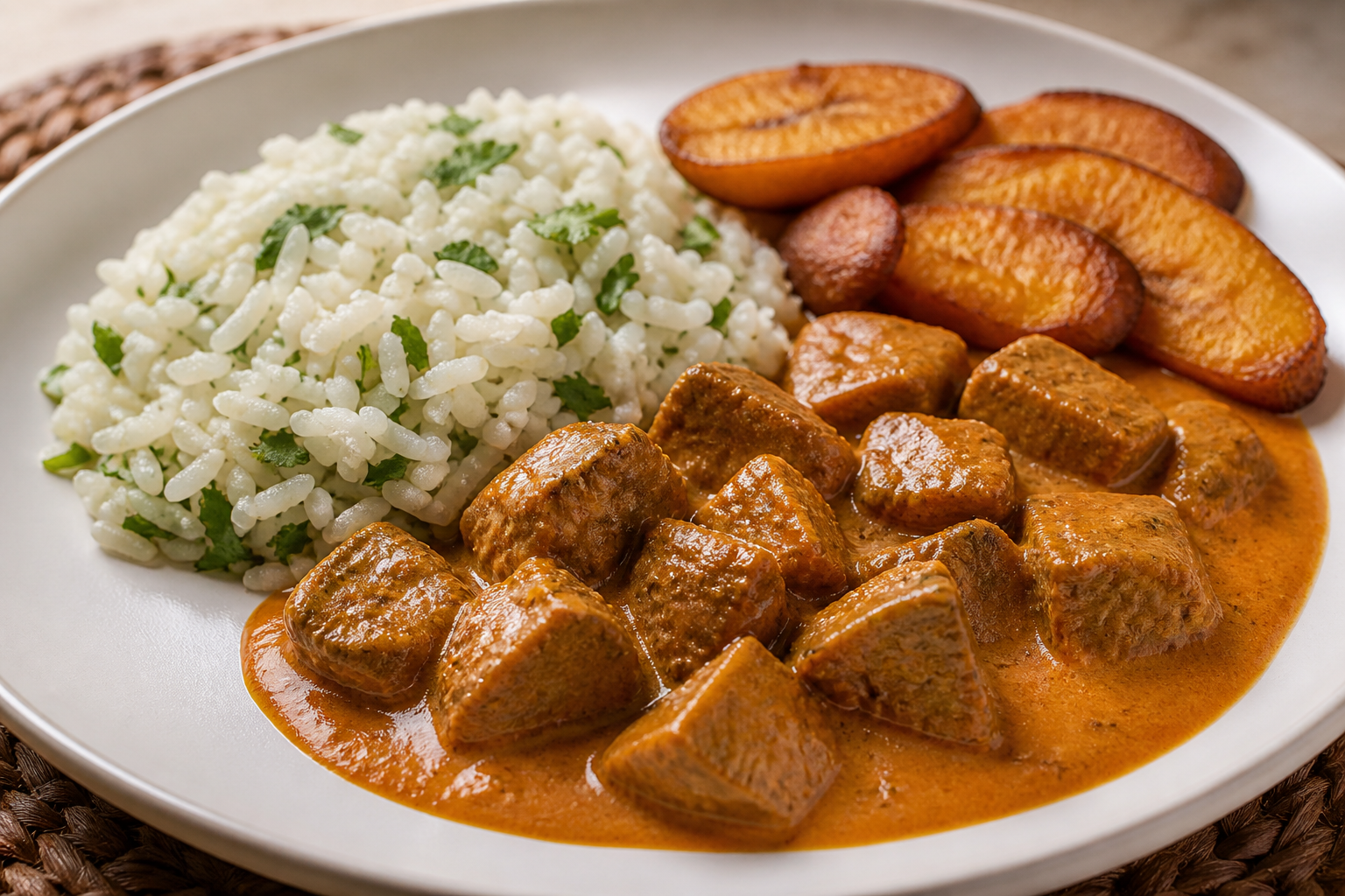 Res Hondureña en Salsa de Coco, Achiote y Plátano Maduro con Arroz de Culantro