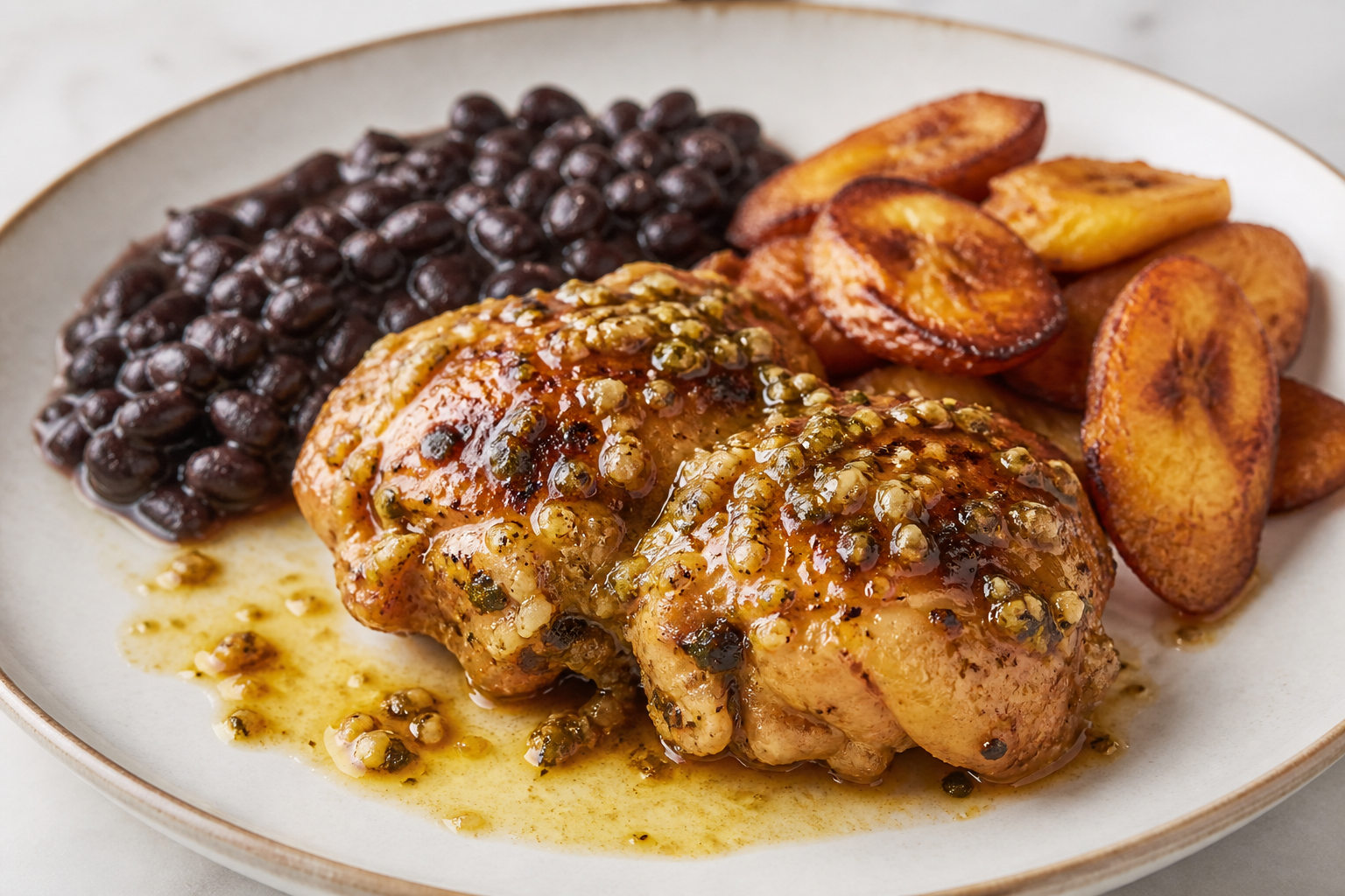 Pollo Cubano Asado con Mojo de Maracuyá, Frijoles Negros Sedosos y Maduros Dorados