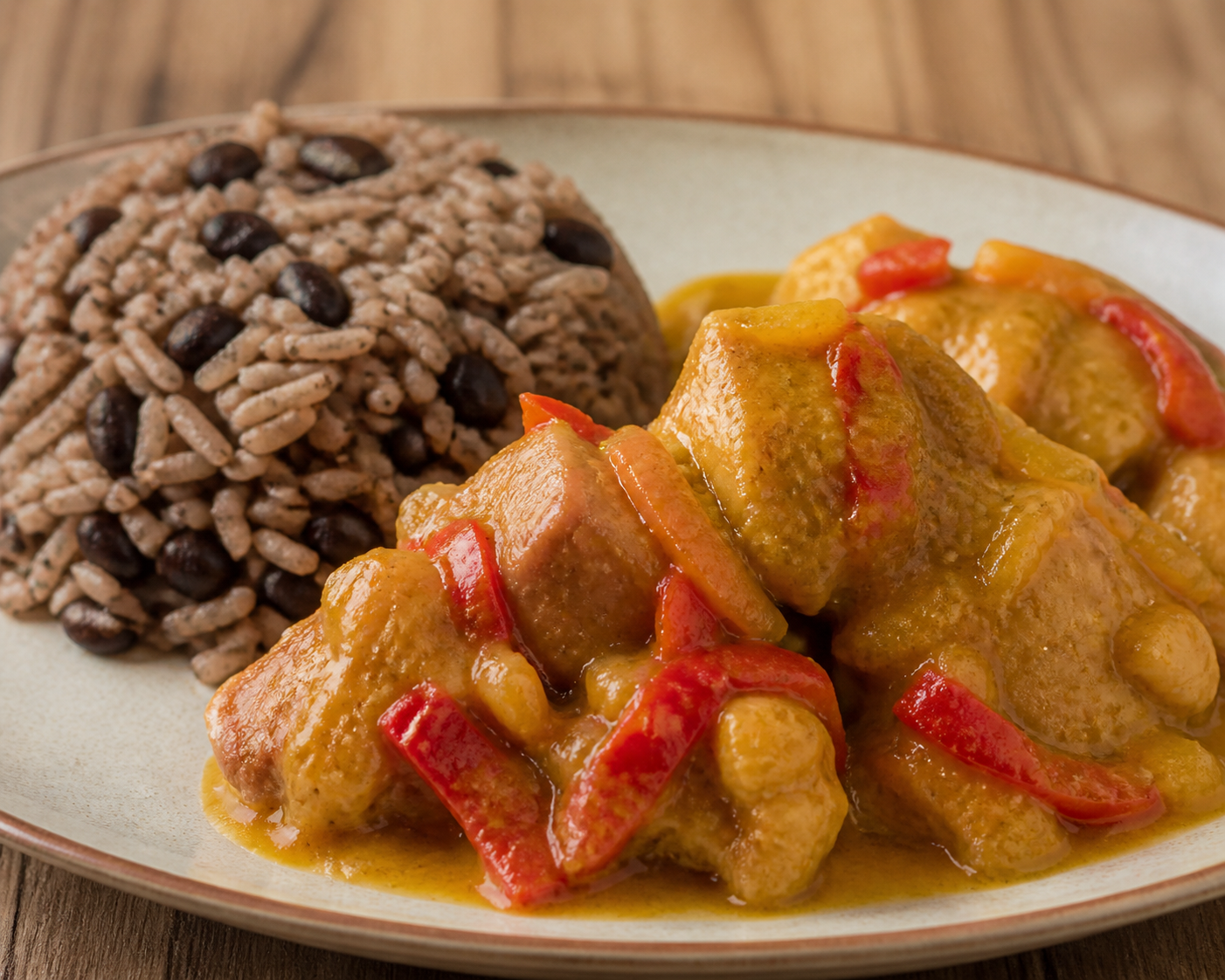 Pollo Cubano en Salsa Suave de Mango y Ají Dulce con Arroz de Frijoles Negros Tiernos