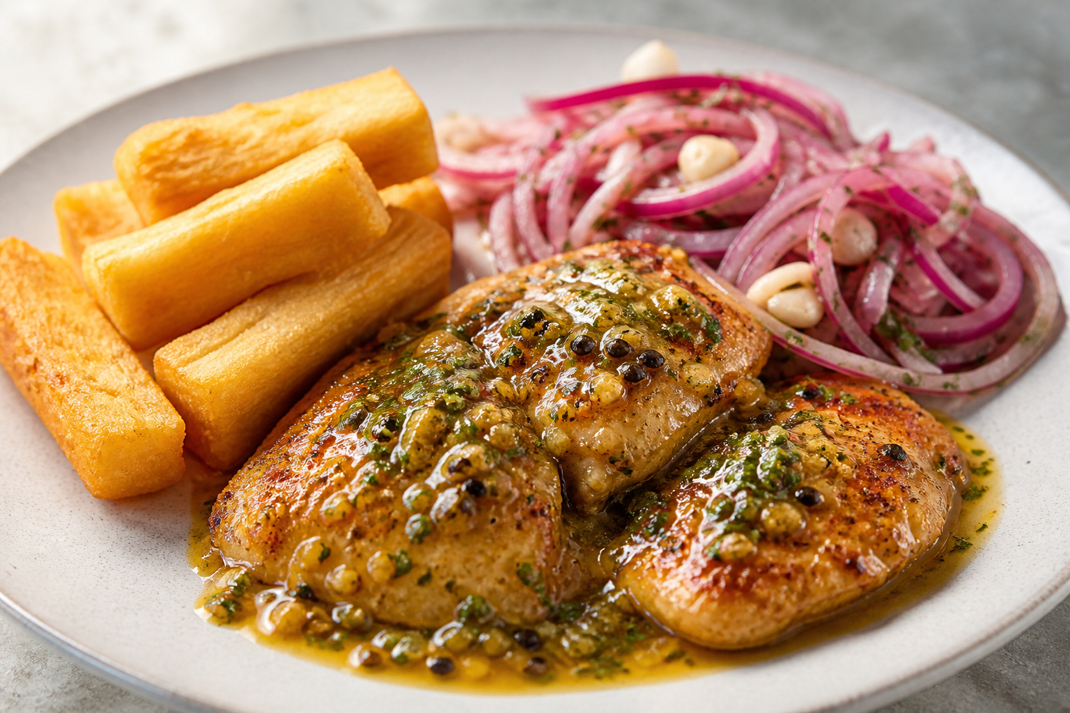 Pollo Cubano Asado con Mojo de Maracuyá, Yuca Crujiente y Cebollas al Orégano