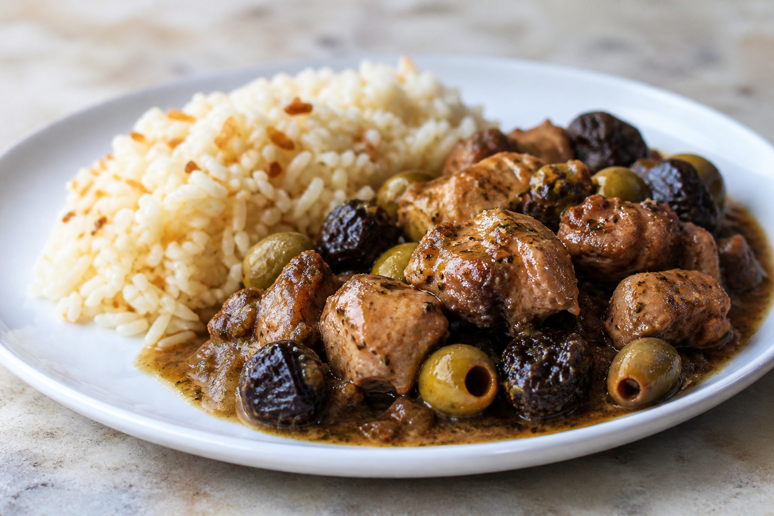 Cuban Turkey Fricassee with Prunes, Olives, and Toasted Garlic Rice