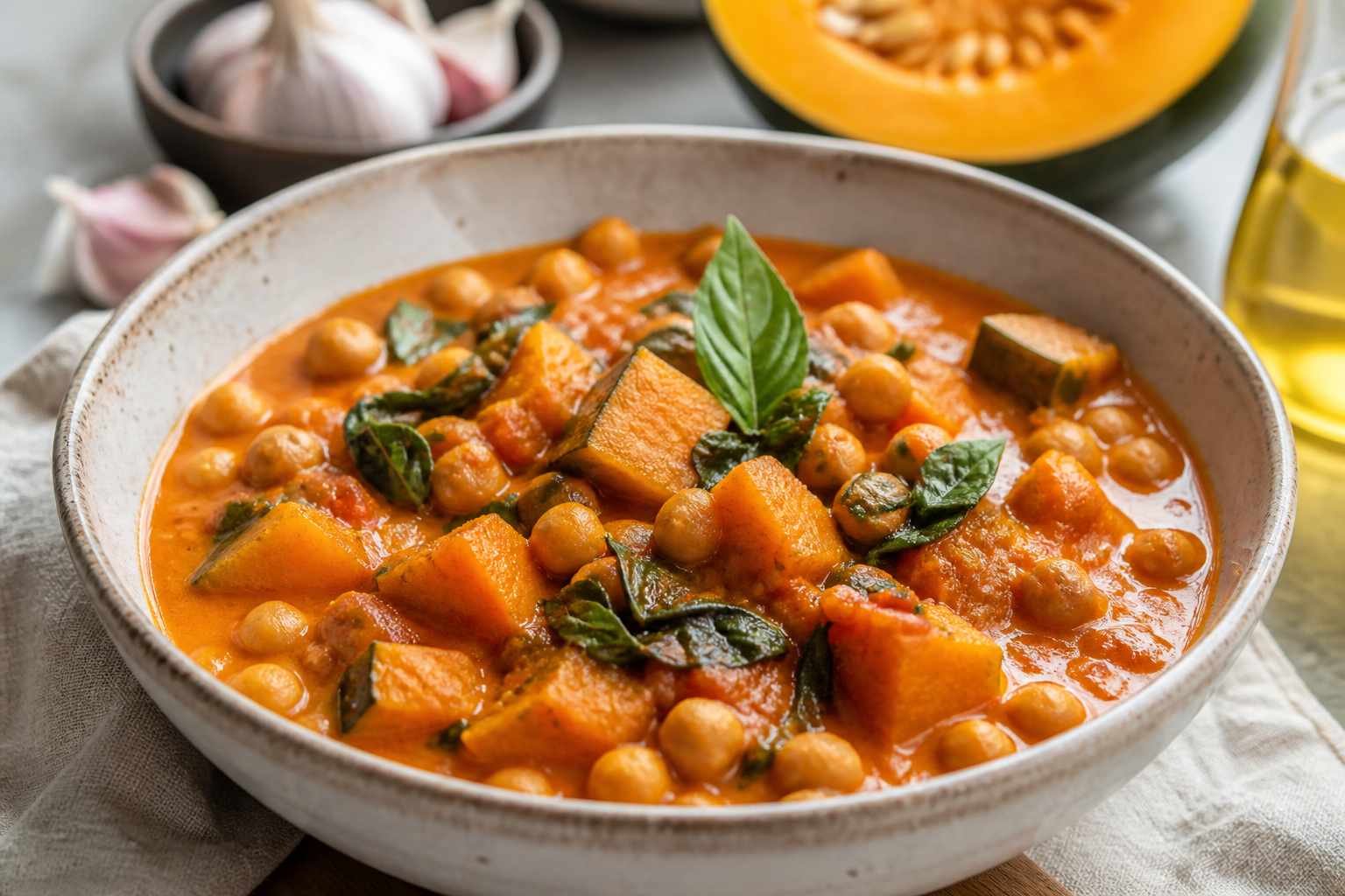 Creamy Chilean Tomato Stew with Chickpeas, Sweet Pumpkin and Toasted Basil