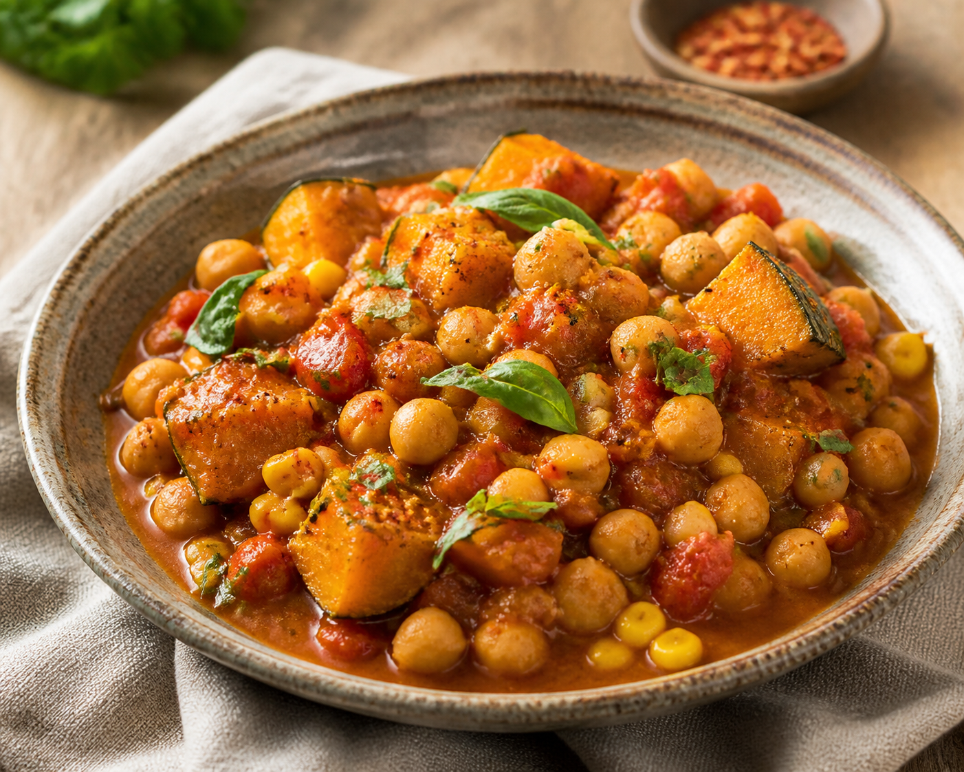 Roasted Chickpea Tomaticán with Squash, Corn, and Basil with Merkén