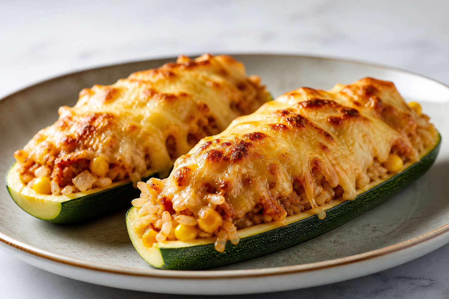 Zucchini Boats with Chilean Turkey Pino, Creamy Corn Rice and Chanco Cheese Crust