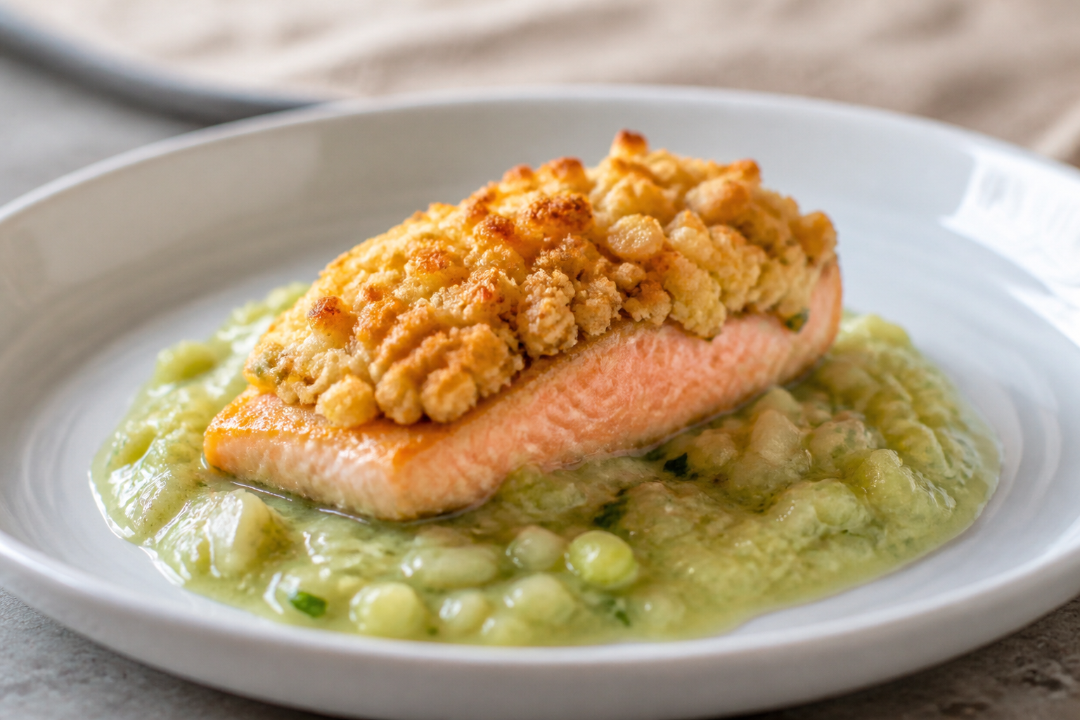 Andean Trout with Toasted Hominy Crust and Warm Zucchini Squash Herb Cream