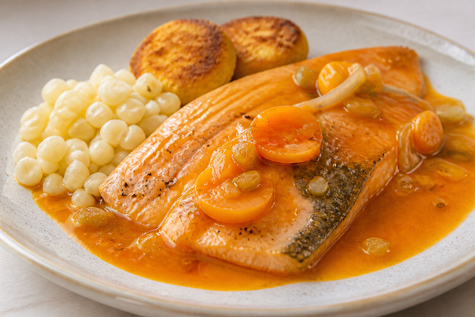 Andean Trout with Tree Tomato and Lemongrass Sauce, served with Hominy and Cheese Cakes