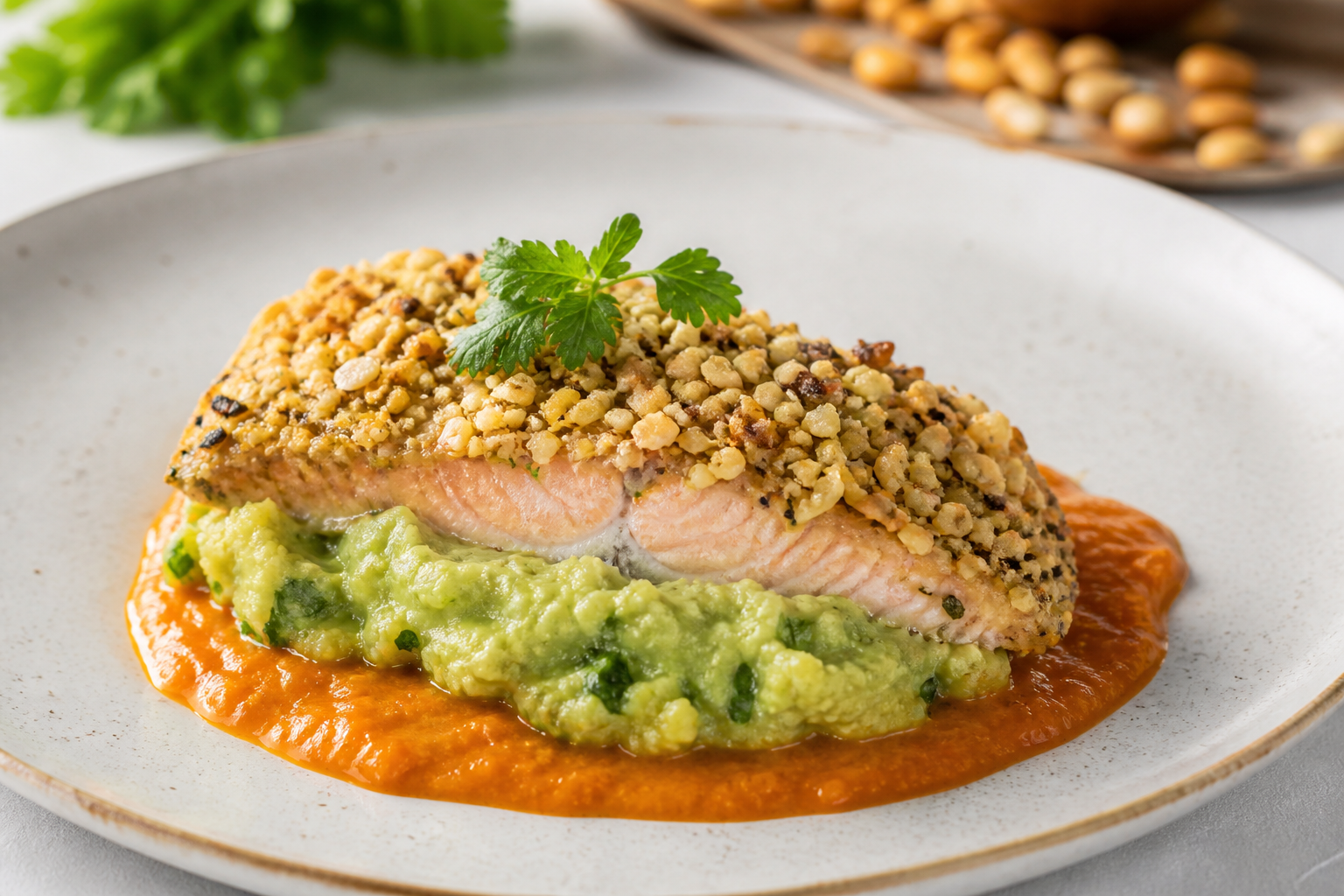 Andean Trout with Lupini Crust, Warm Tree Tomato Sauce, and Cilantro Sweet Potato Mash