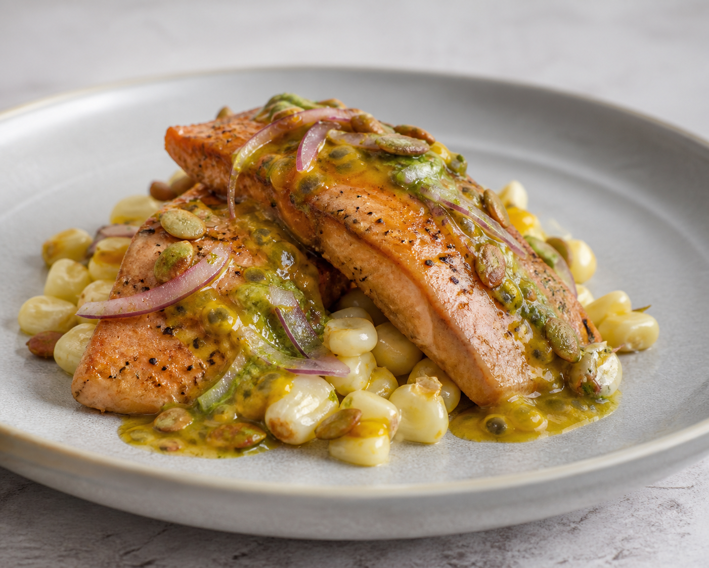 Andean Trout with Taxo Herb Sauce, Sautéed Hominy and Crunchy Pumpkin Seeds