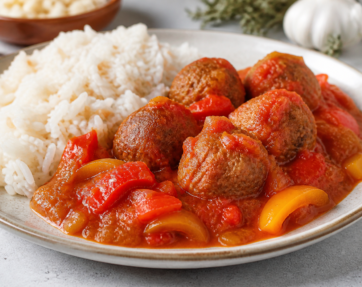 Dominican Beef and Ripe Plantain Meatballs in Tomato, Sweet Pepper and Oregano Sauce with Light Coconut Rice