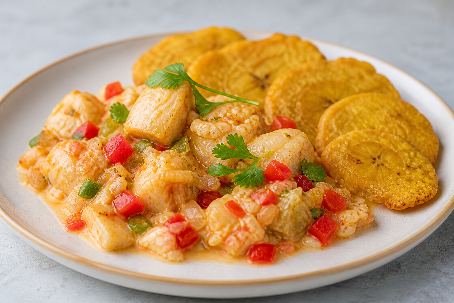 Dominican Light Coconut Cod with Green Plantain Crisps and Sweet Pepper Sofrito