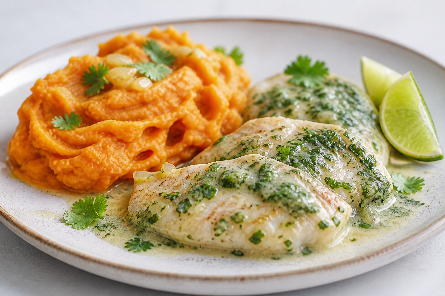 Puerto Rican Fish Fillets in Coconut, Cilantro and Lime Sauce with Mashed Sweet Potato and Garlic